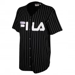FILA Women's Black Striped Button-Down S/S V-Neck T-Shirt (S08)