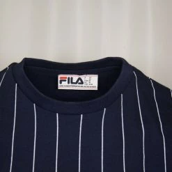 FILA Men's Navy Blue & White Striped Yellow Logo S/S T-Shirt (166) (Size S)