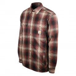 Mens Carhartt Men's Maroon, Black, Gray Plaid Snap Front Sherpa-Lined L/S Jacket