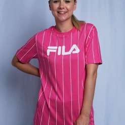 FILA Women's Pink & White Striped Logo S/S T-Shirt (163)