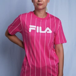 FILA Women's Pink & White Striped Logo S/S T-Shirt (163)
