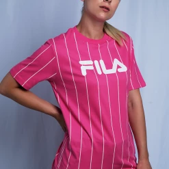 FILA Women's Pink & White Striped Logo S/S T-Shirt (163)