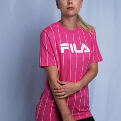 FILA Women's Pink & White Striped Logo S/S T-Shirt (163)