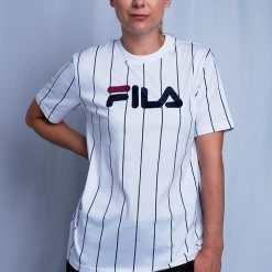 FILA Women's White & Navy Vertical Striped S/S T-Shirt (935)