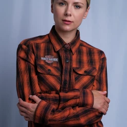 Harley-Davidson Women's Orange Black Plaid Milwaukee, WIS. L/S Woven Shirt (S10)