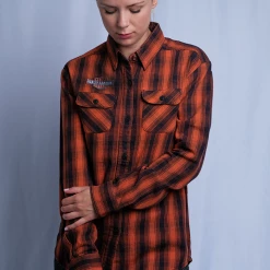 Harley-Davidson Women's Orange Black Plaid Milwaukee, WIS. L/S Woven Shirt (S10)