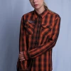 Harley-Davidson Women's Orange Black Plaid Milwaukee, WIS. L/S Woven Shirt (S10) 1 Harley-Davidson Women's Orange Black Plaid Milwaukee, WIS. L/S Woven Shirt (S10)
