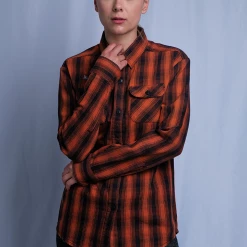 Harley-Davidson Women's Orange Black Plaid Milwaukee, WIS. L/S Woven Shirt (S10)
