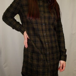 Spotted Clothing OBEY Women's Olive Green Black Plaid L/S Shirt Dress (S01) Small