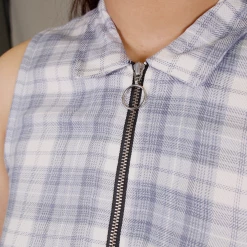 OBEY Women's Blue White Plaid Sleeveless 3/5 Zip Dress