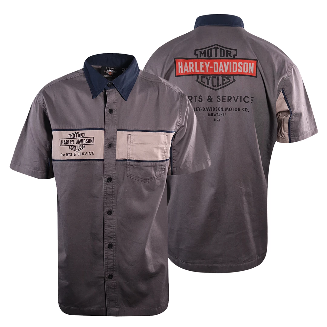 Harley-Davidson Men's Navy Collar Grey Two Tone S/S Woven Shirt (S25) 3 Harley-Davidson Men's Navy Collar Grey Two Tone S/S Woven Shirt (S25)