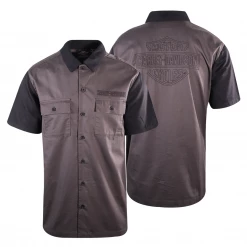 Harley-Davidson Men's Black Collar Chain Stitched Grey S/S Woven Shirt (S32)