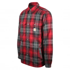 Carhartt Men's Bright Red, Black, Gray Plaid Snap Front Sherpa-Lined L/S Jacket