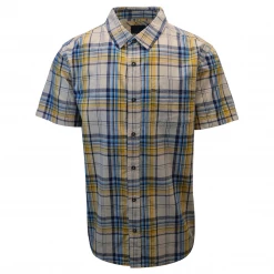 PrAna Men's Mustard Blue Beige Plaid S/S Woven Shirt (S26)
