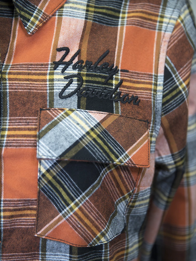 Harley-Davidson Women's Orange Black Yellow Plaid L/S Woven Shirt (S01) 7 Harley-Davidson Women's Orange Black Yellow Plaid L/S Woven Shirt (S01)