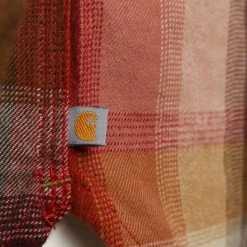 Woven Shirts Carhartt Women's True Red Dark Brown Cream Plaid Hooded L/S Woven Shirt