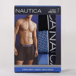 Nautica Men's 3 Pack Light Blue, Light Blue Anchors, Black Stretch Boxer Briefs (S04)