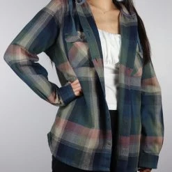 Carhartt Women's Navy Blue Munsell Sage Bisque Plaid Hooded L/S Woven Shirt