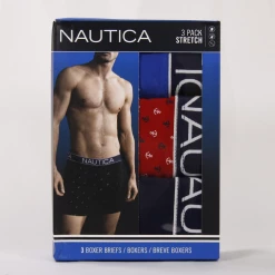 Nautica Men's 3 Pack Blue, Red Anchors, Navy Blue Stretch Boxer Briefs