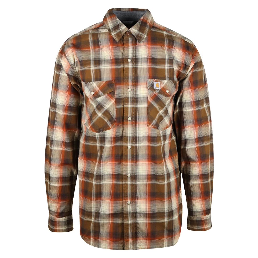 Carhartt Men's Brown Autumn Orange Cream Plaid Snap Front L/S Woven Shirt (S04) New Arrivals 3 Carhartt Men's Brown Autumn Orange Cream Plaid Snap Front L/S Woven Shirt (S04) New Arrivals