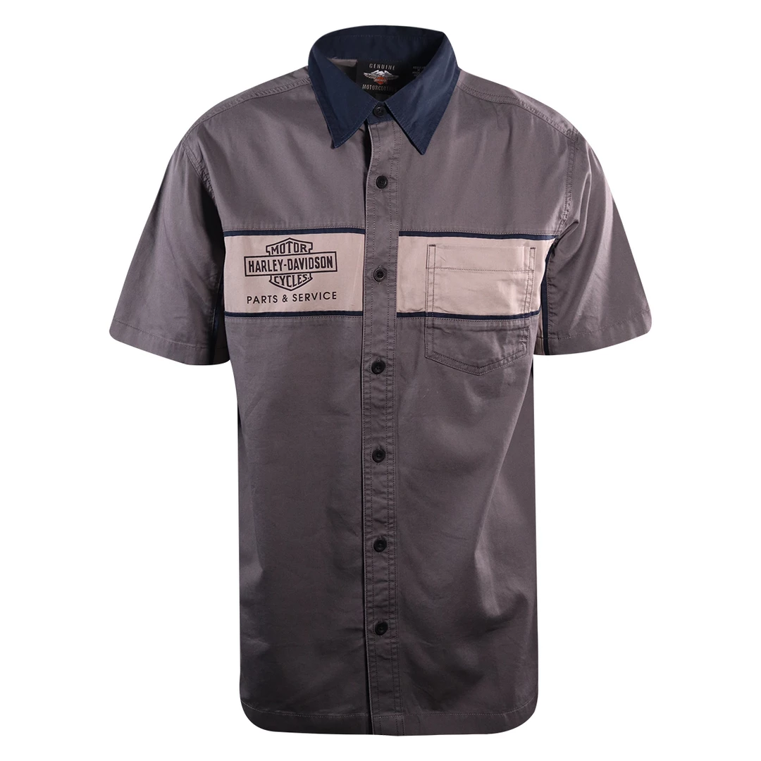 Harley-Davidson Men's Navy Collar Grey Two Tone S/S Woven Shirt (S25) 4 Harley-Davidson Men's Navy Collar Grey Two Tone S/S Woven Shirt (S25)