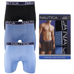 Nautica Men's 3 Pack Light Blue, Light Blue Anchors, Black Stretch Boxer Briefs (S04)