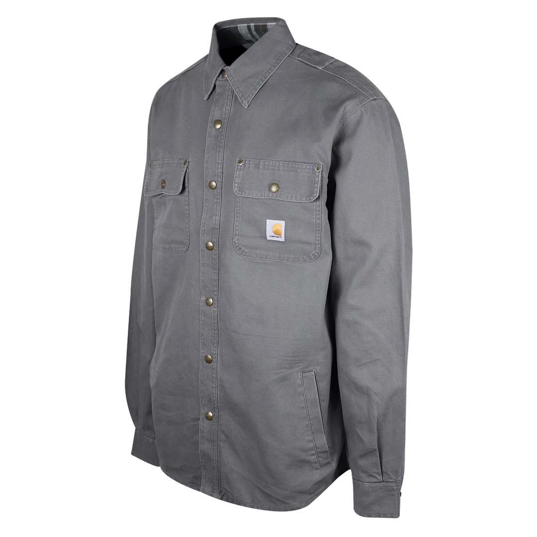 Carhartt Men's Gray Flannel Lined Snap On Button Collared L/S Jacket Mens 4 Carhartt Men's Gray Flannel Lined Snap On Button Collared L/S Jacket Mens