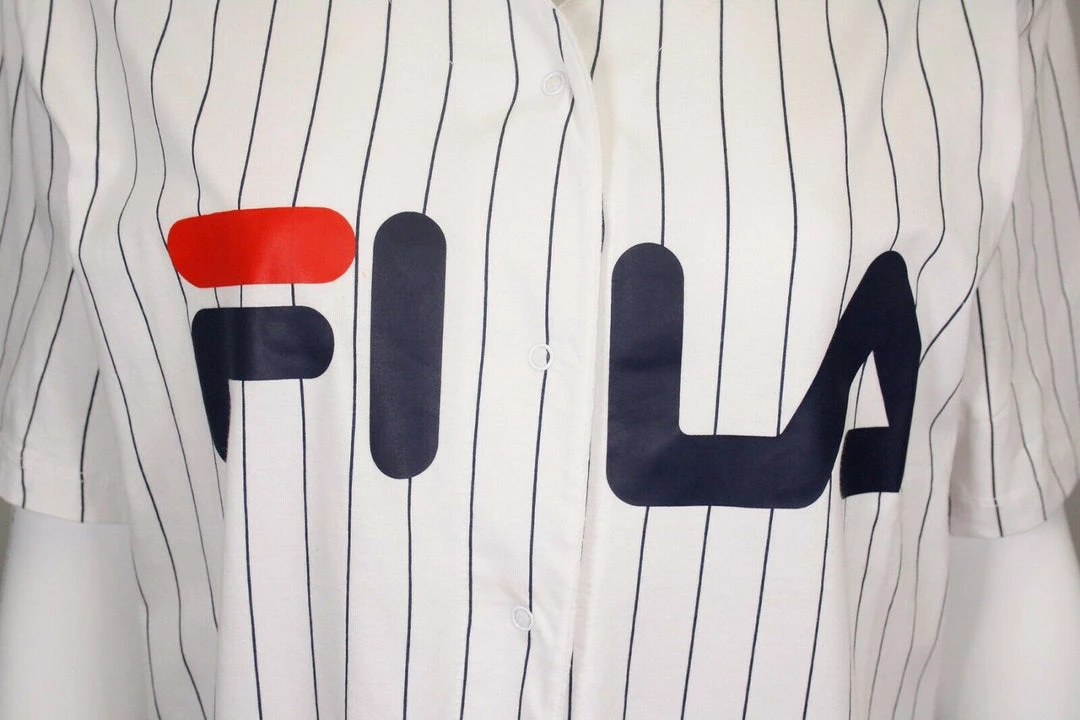 FILA Women's White Striped Button-Down S/S V-Neck T-Shirt (S06) 5 FILA Women's White Striped Button-Down S/S V-Neck T-Shirt (S06)