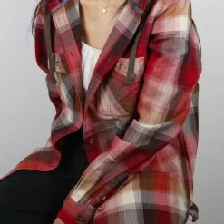 Woven Shirts Carhartt Women's True Red Dark Brown Cream Plaid Hooded L/S Woven Shirt