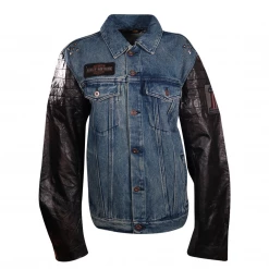 Harley-Davidson Women's Blue Denim Leather Sleeves Button Up Jacket