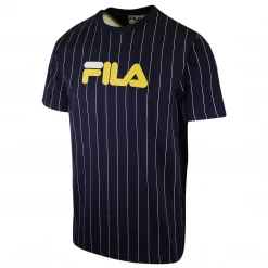 FILA Men's Navy Blue & White Striped Yellow Logo S/S T-Shirt (166) (Size S)