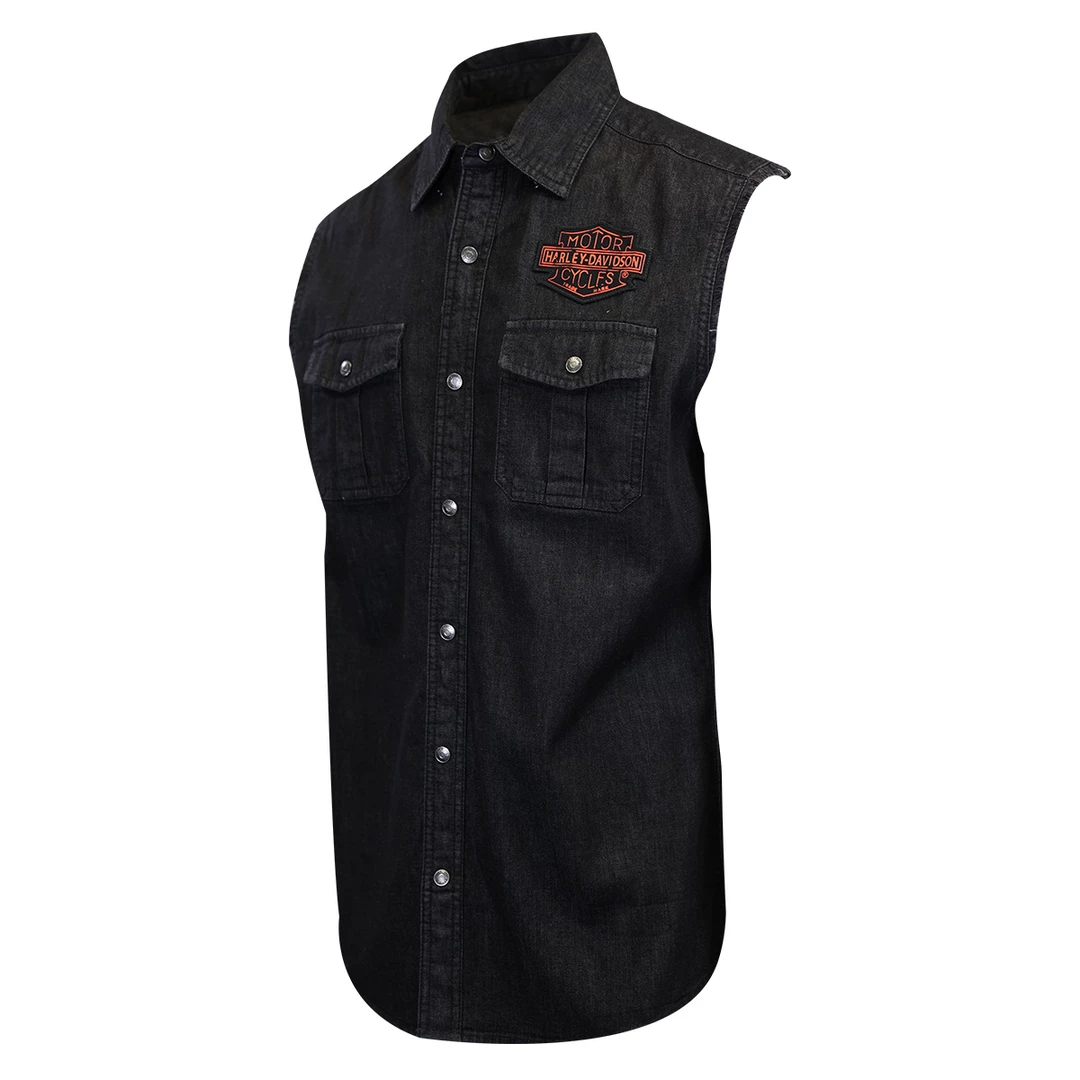 Harley-Davidson Men's Charcoal Denim Orange Logo Badge Sleeveless Vest (S01) 5 Harley-Davidson Men's Charcoal Denim Orange Logo Badge Sleeveless Vest (S01)
