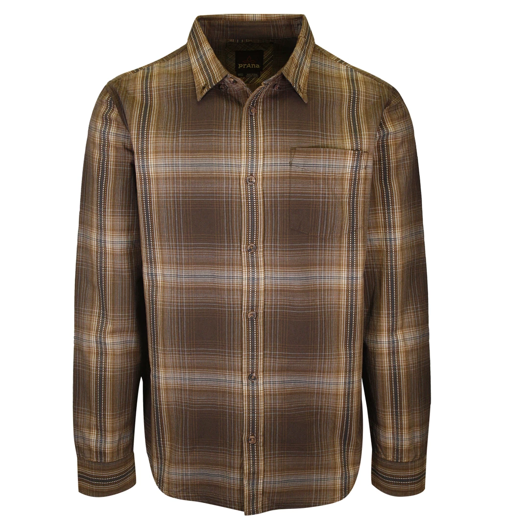 PrAna Men's Brown Orange Blue Plaid L/S Woven Shirt (S63) 3 PrAna Men's Brown Orange Blue Plaid L/S Woven Shirt (S63)