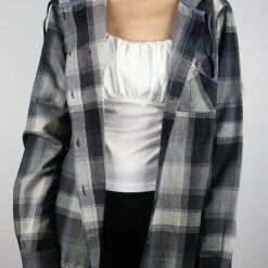 Carhartt Women's Black Charcoal Grey Plaid Hooded L/S Woven Shirt