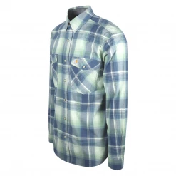 Carhartt Men's Blue Seafoam Plaid Relaxed Fit Snap Front L/S Woven Shirt (S11)