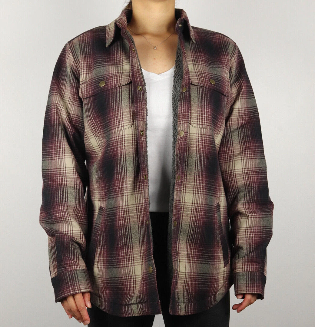 Carhartt Women's Wine Black Cream Plaid Snap On Button Sherpa Lined Shirt Jacket 3 Carhartt Women's Wine Black Cream Plaid Snap On Button Sherpa Lined Shirt Jacket