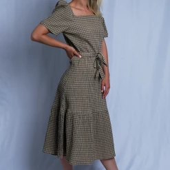 Levi's Women's Light Brown Black Boat Neck Plaid S/S Wrap Dress