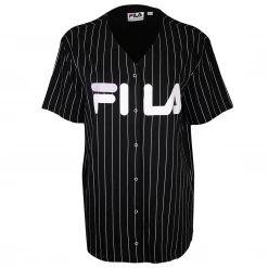 FILA Women's Black Striped Button-Down S/S V-Neck T-Shirt (S08)
