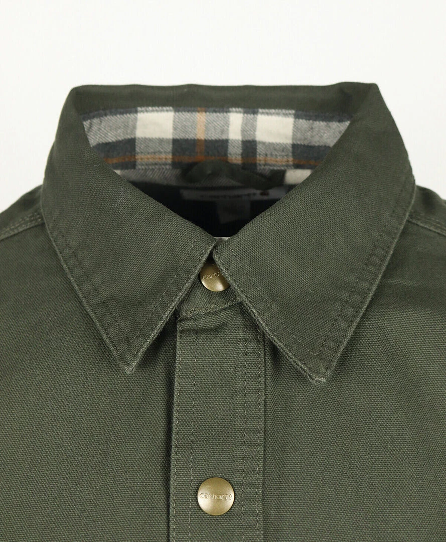 Carhartt Men's Olive Green Flannel Lined Snap On Button Collared L/S Jacket Mens 6 Carhartt Men's Olive Green Flannel Lined Snap On Button Collared L/S Jacket Mens