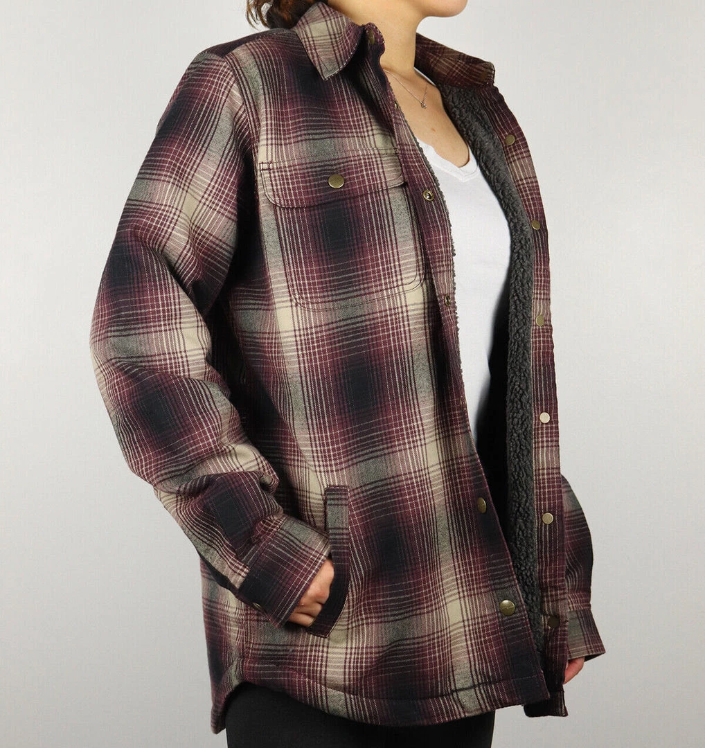 Carhartt Women's Wine Black Cream Plaid Snap On Button Sherpa Lined Shirt Jacket 5 Carhartt Women's Wine Black Cream Plaid Snap On Button Sherpa Lined Shirt Jacket