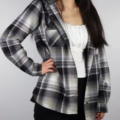 Flannels Carhartt Women's Black Ash Grey White Plaid Hooded L/S Woven Shirt