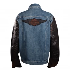 Harley-Davidson Women's Blue Denim Leather Sleeves Button Up Jacket
