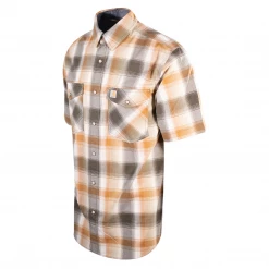 New Arrivals Carhartt Men's Gold Brown Olive Green Plaid Snap-Front S/S Woven Shirt (S13)