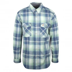 Carhartt Men's Blue Seafoam Plaid Relaxed Fit Snap Front L/S Woven Shirt (S11)