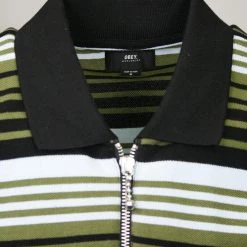 OBEY Men's Olive Blue Black Striped Zip S/S Polo Shirt (S26)